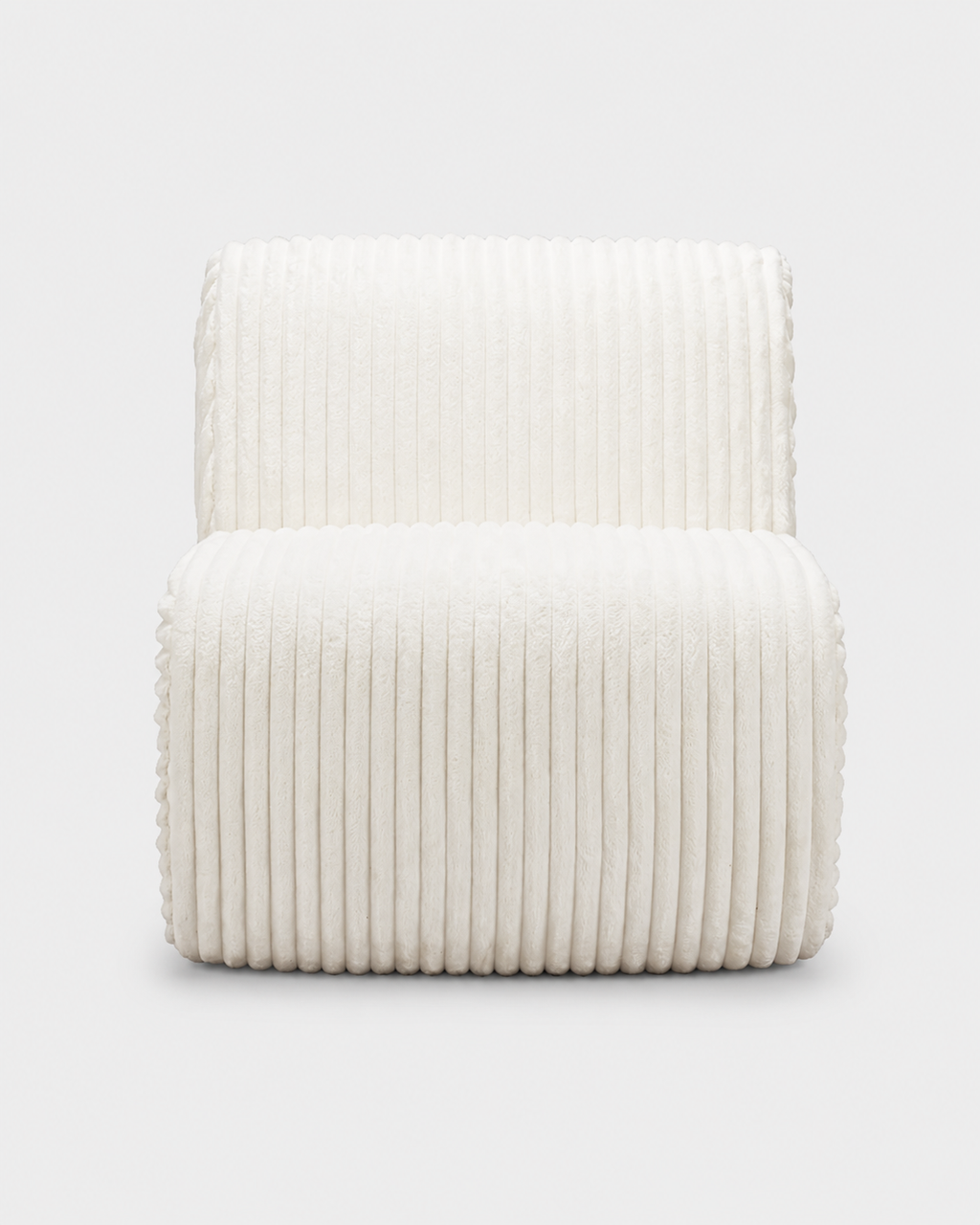 An off-white ribbed corduroy armchair with a plush, textured fabric, shown from a front-facing perspective against a light gray background.