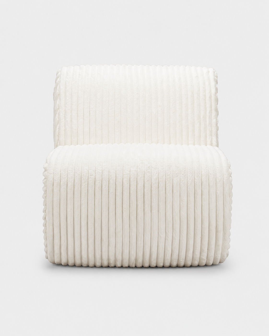 An off-white ribbed corduroy armchair with a plush, textured fabric, shown from a front-facing perspective against a light gray background.