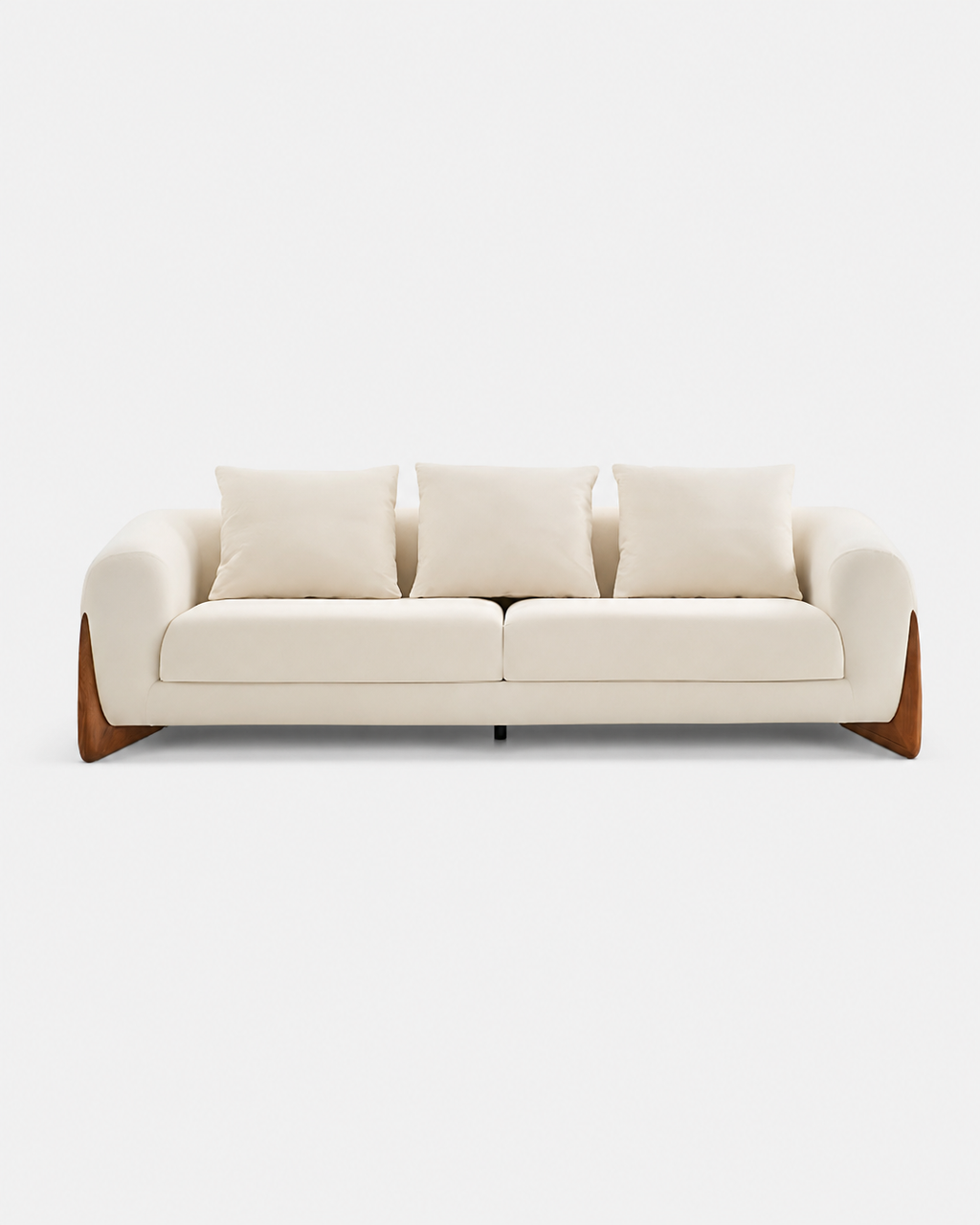 A modern three-seat sofa upholstered in warm off-white fabric with three matching back cushions and angled wooden legs, shown against a plain light gray background.