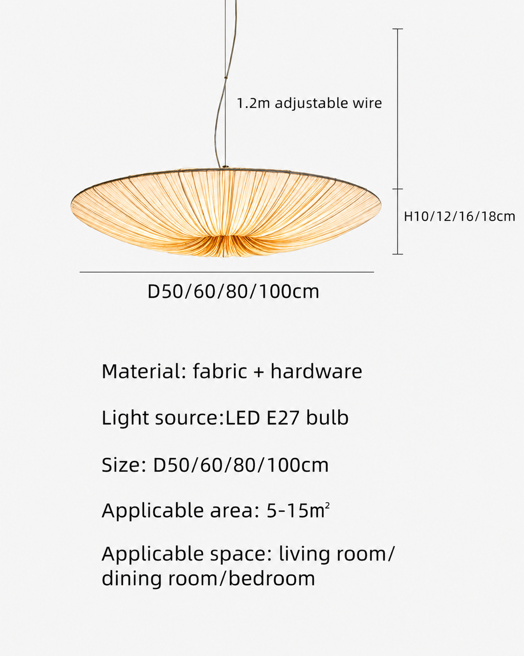 A hanging pendant light fixture with dimension labels and text specifying measurements, material, bulb type, and suitable room areas on a light gray background.