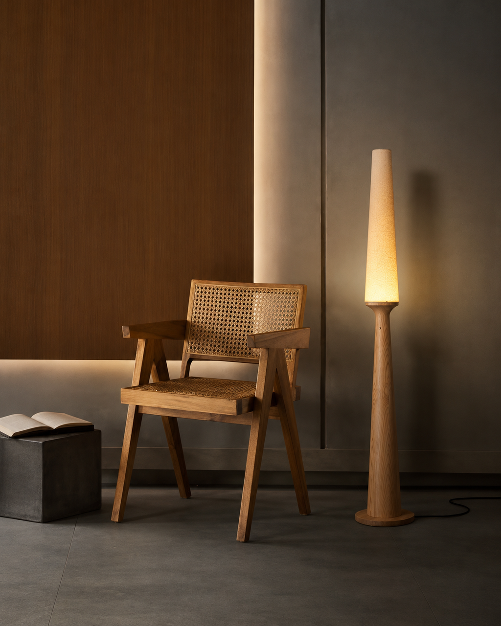 A modern minimalist interior scene featuring a light oak wooden armchair with a woven cane backrest and a matching floor lamp with a glowing warm light, set against a dark wood and gray wall background.