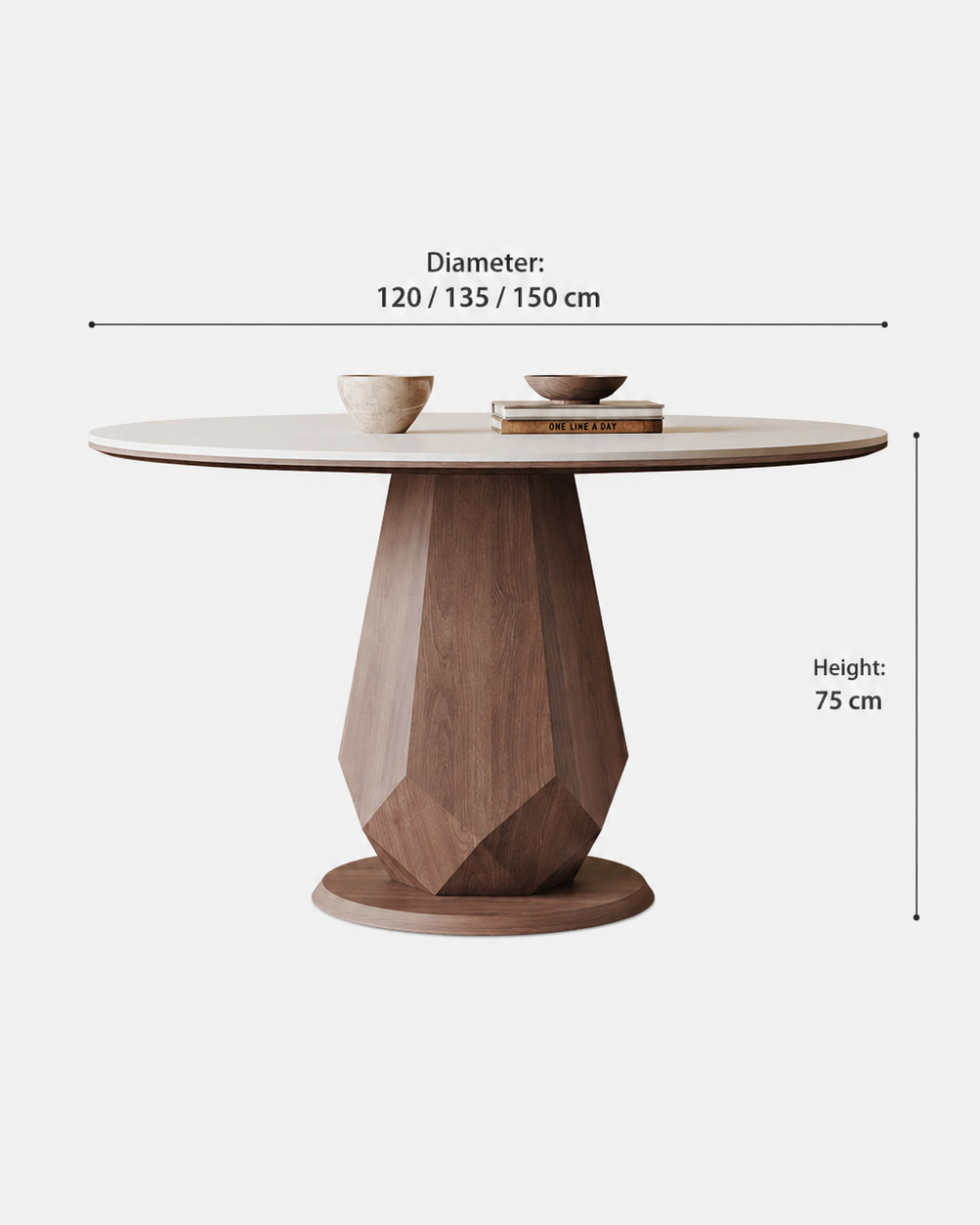 A round wooden dining table with a light wood top and a faceted pedestal base in medium brown wood, shown on a light gray background with dimension lines indicating a diameter of 120/135/150 cm and a height of 75 cm.