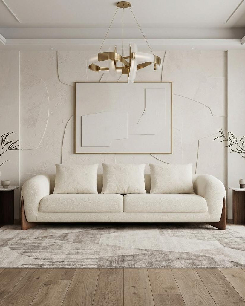 Modern living room with a beige sofa, abstract art, and decorative elements.